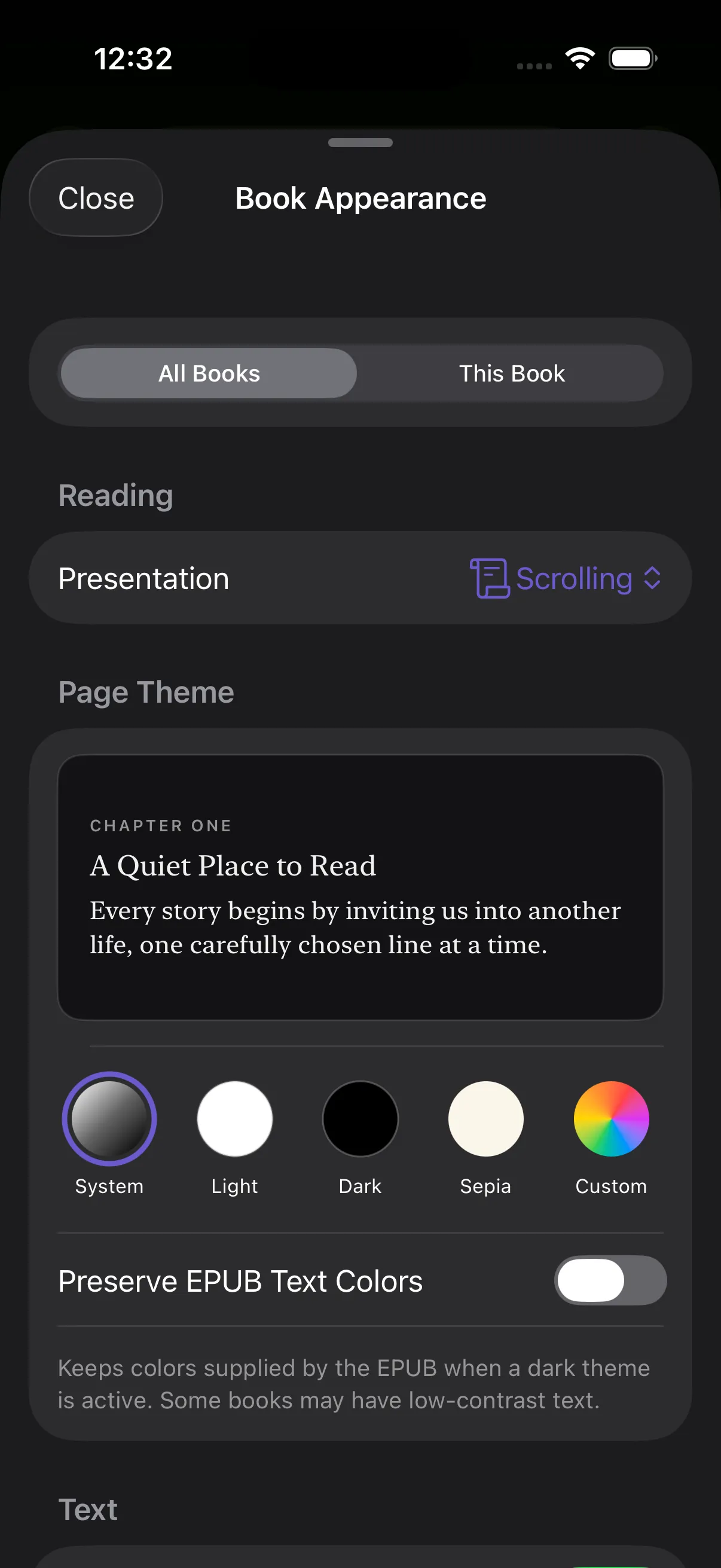 Appearance controls for an EPUB