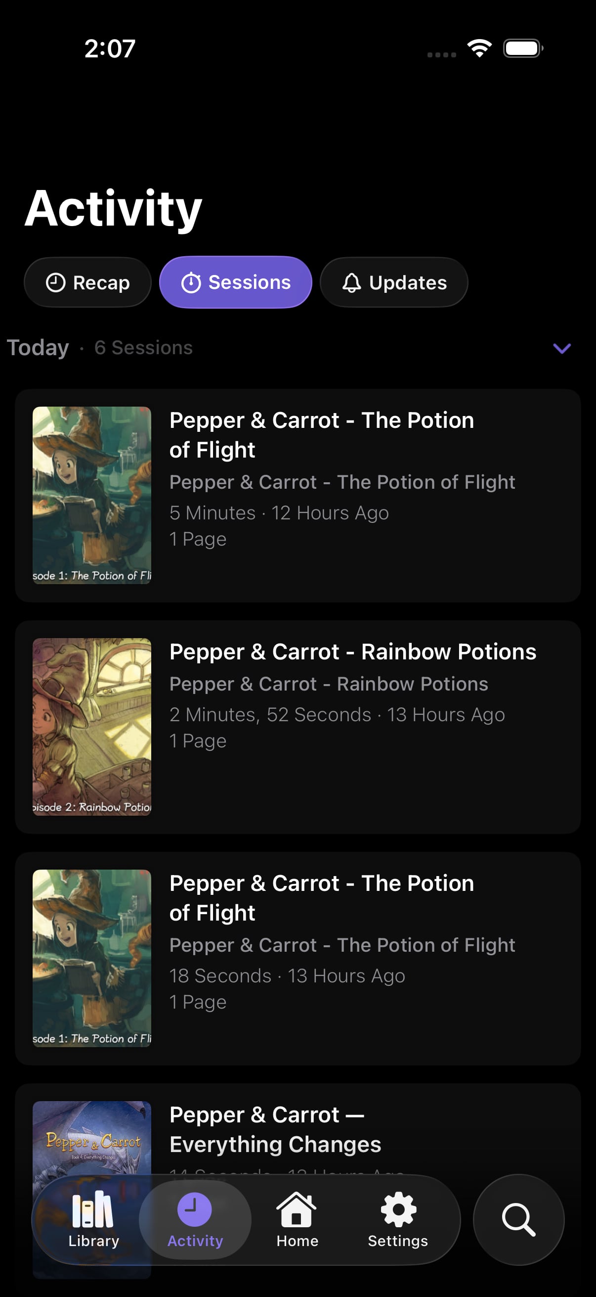 The reading Sessions screen