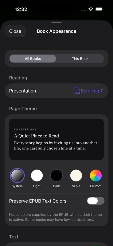 The appearance controls for an EPUB