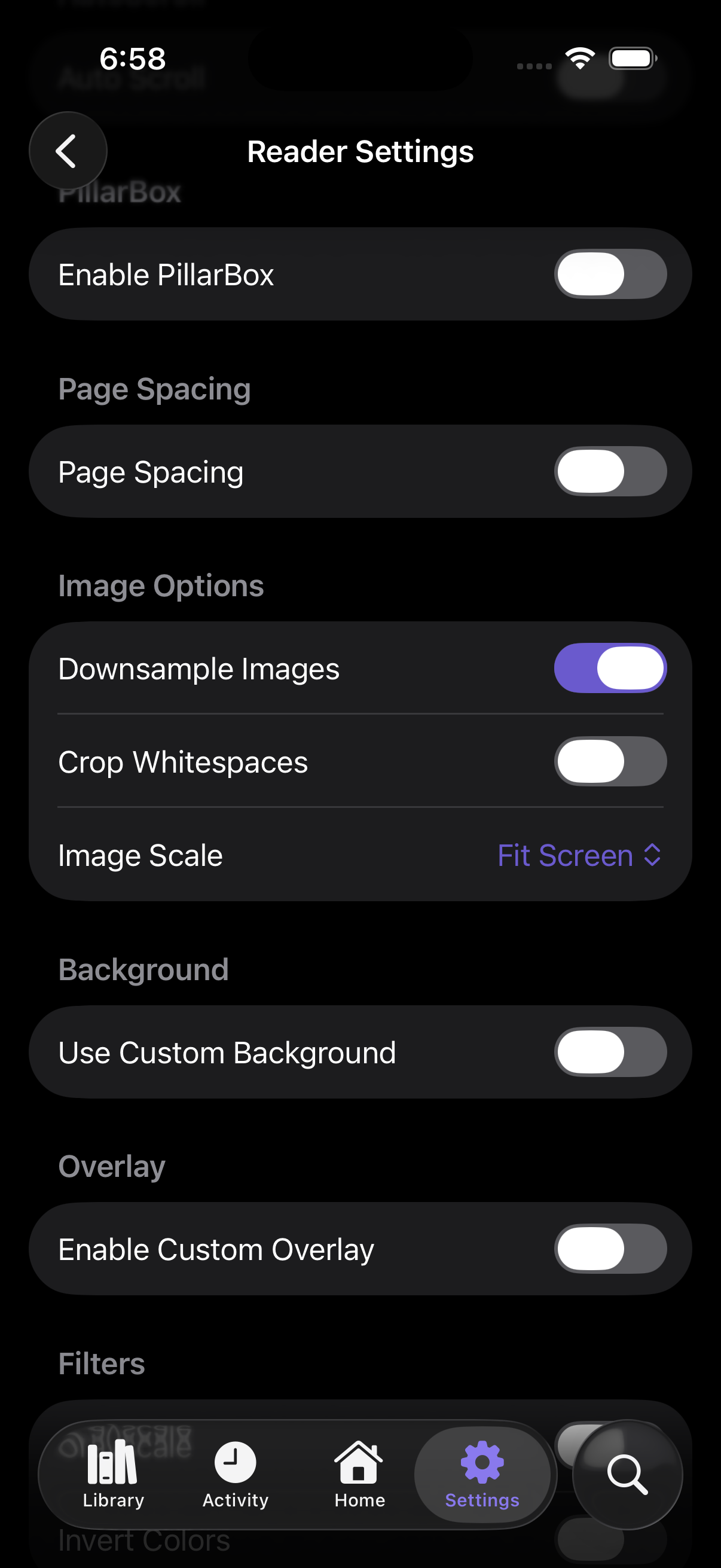 Image, background, overlay and filter settings