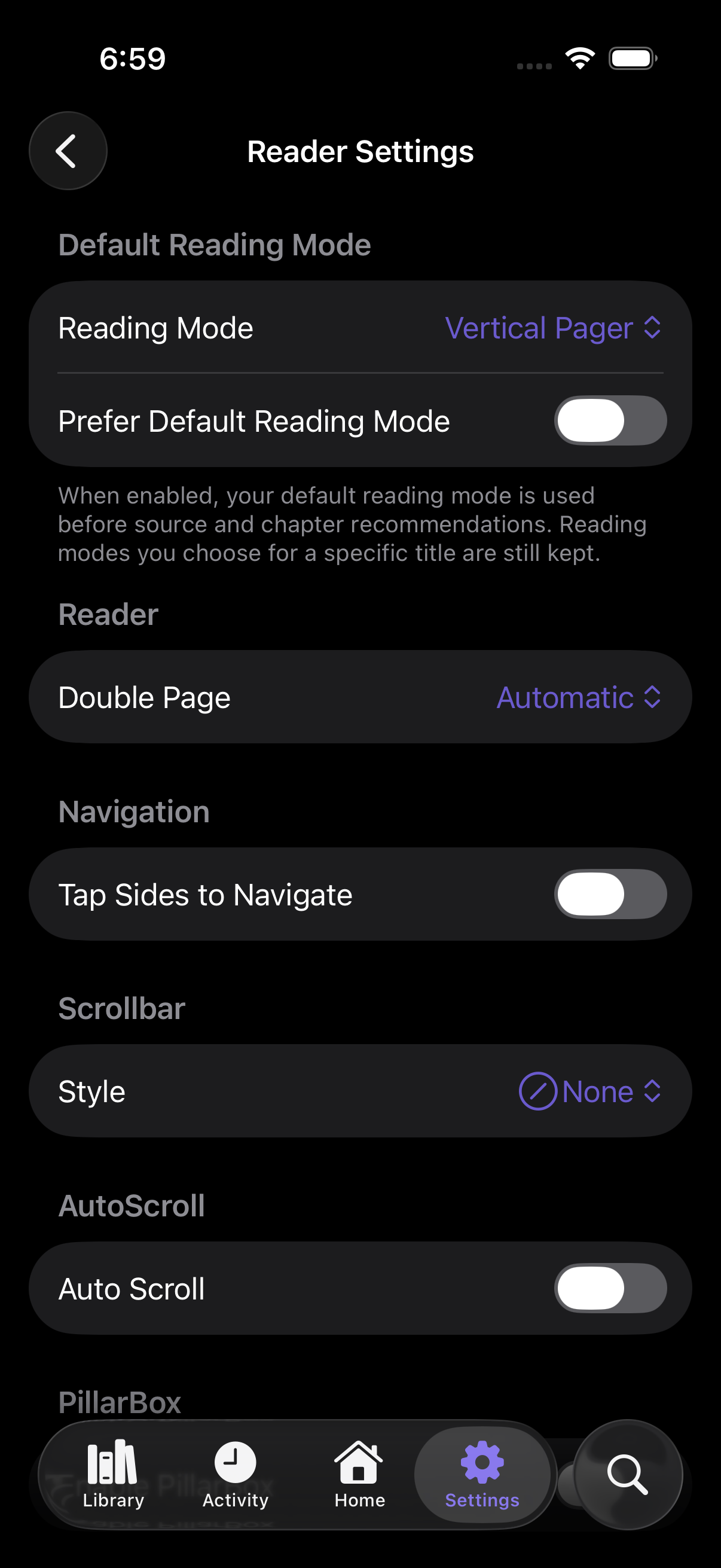 The first page of Reader Settings