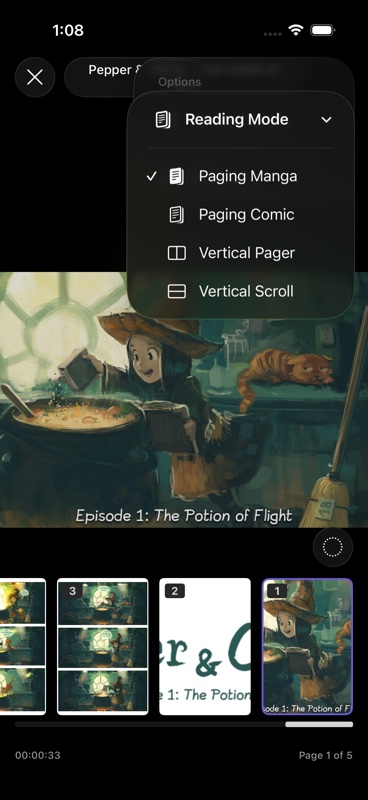 The Reading Mode menu with all four modes
